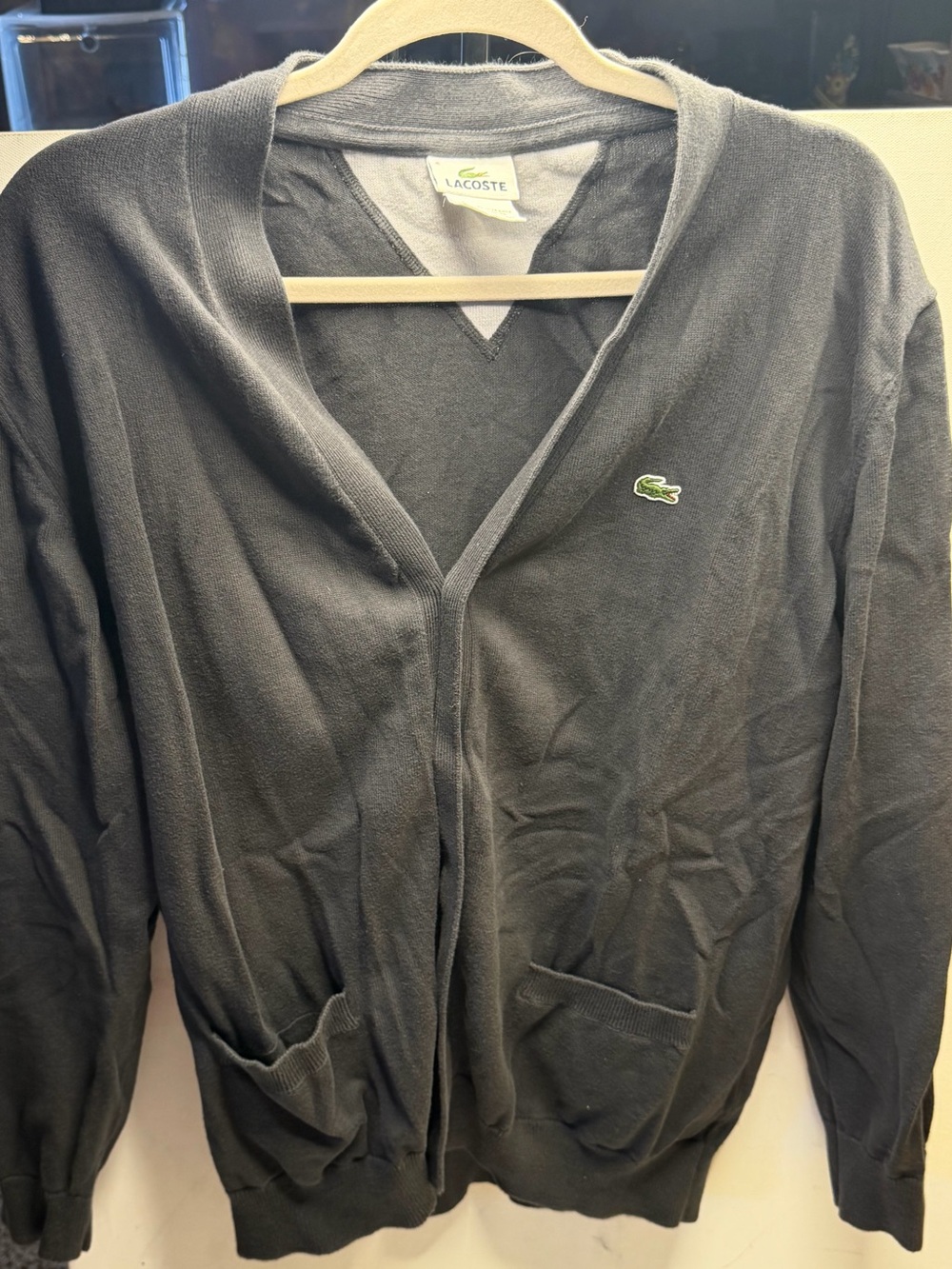 Lacoste Men’s Dark Gray V-Neck Cardigan with Crocodile Logo